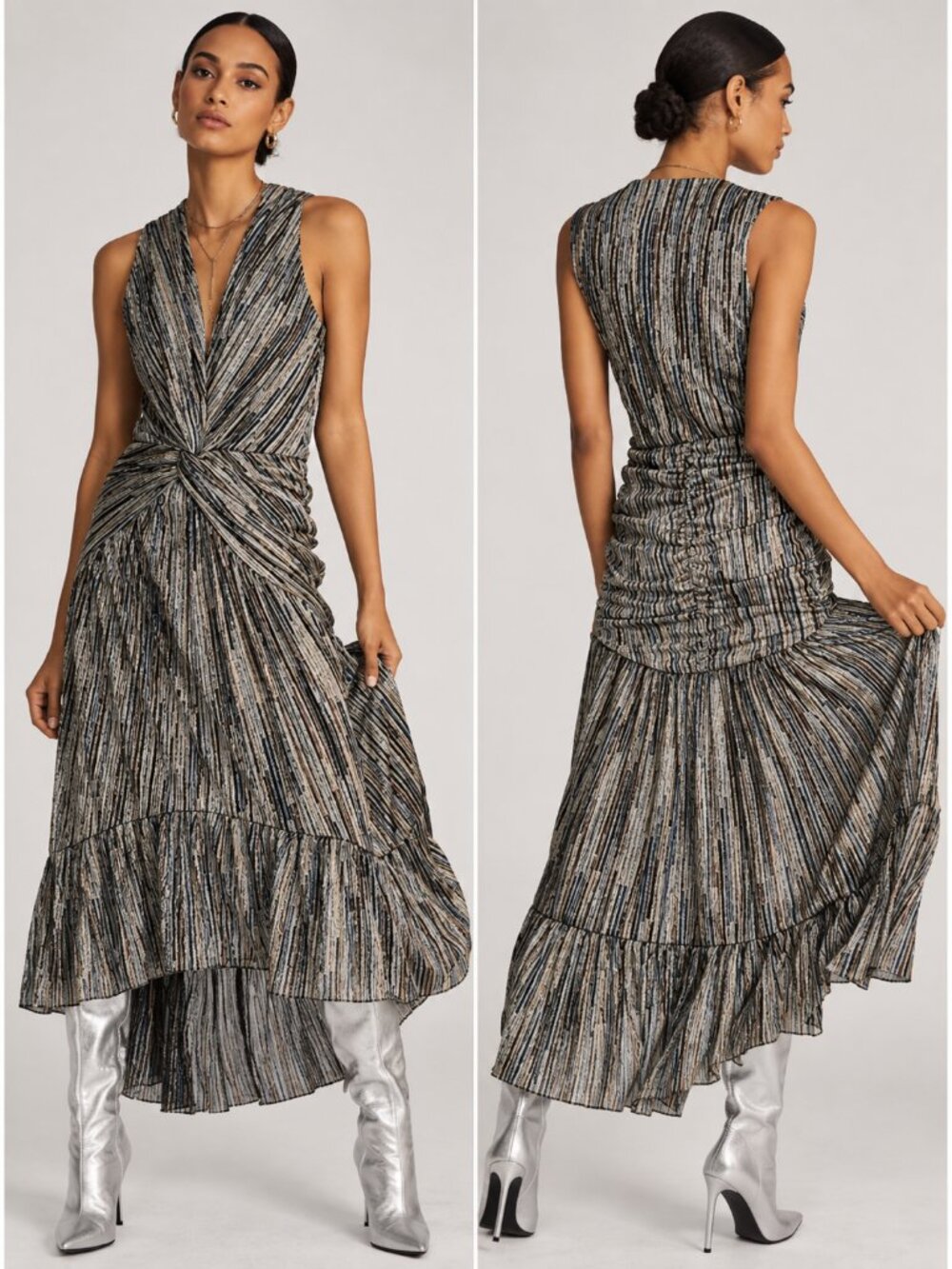 MISA Los Angeles Metallic High Low Midi Dress Ruched Twist Waist XS NWT